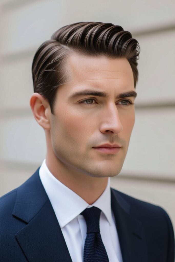 35 High Taper Fade haircuts for Men in 2025 A man with a tapered side part, defined side part styled with pomade and tapered sides.