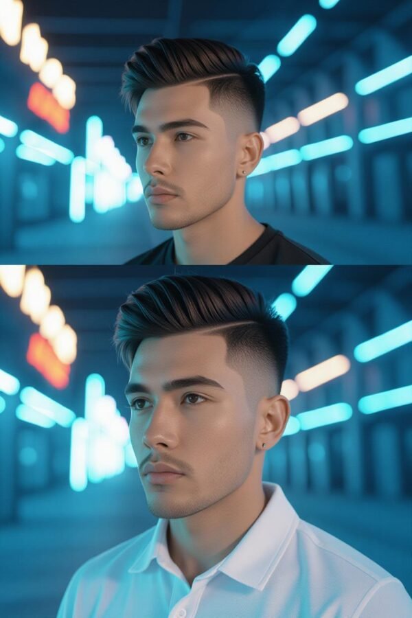 Temple fade low taper fade, subtle temple-focused hairstyle, clean minimalist look.