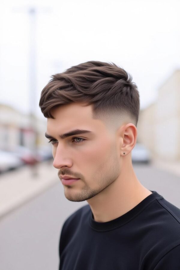 Textured crop low taper fade, choppy top hairstyle, rugged modern look.