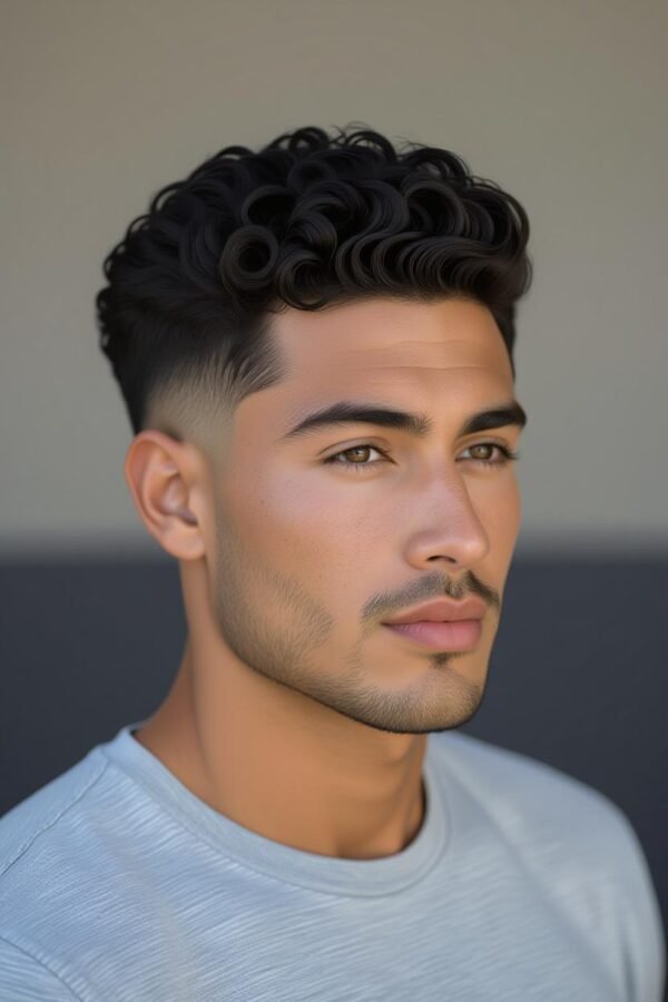 Thick curly low taper fade, voluminous curly hairstyle, bold look.