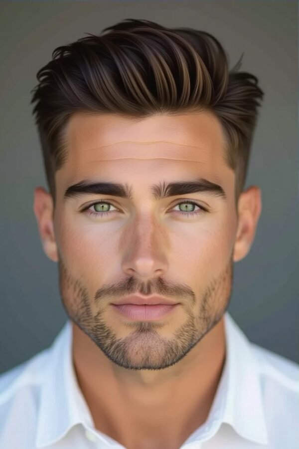 Thick hair oval face low taper fade, short top hairstyle, controlled bulk.