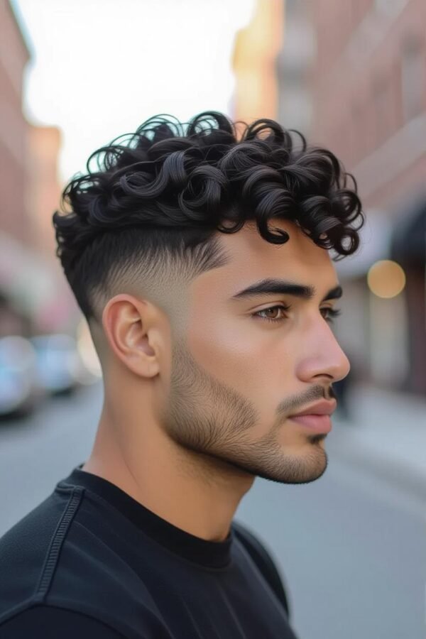 Tight curls low taper fade, coiled curly hairstyle, bold textured look.