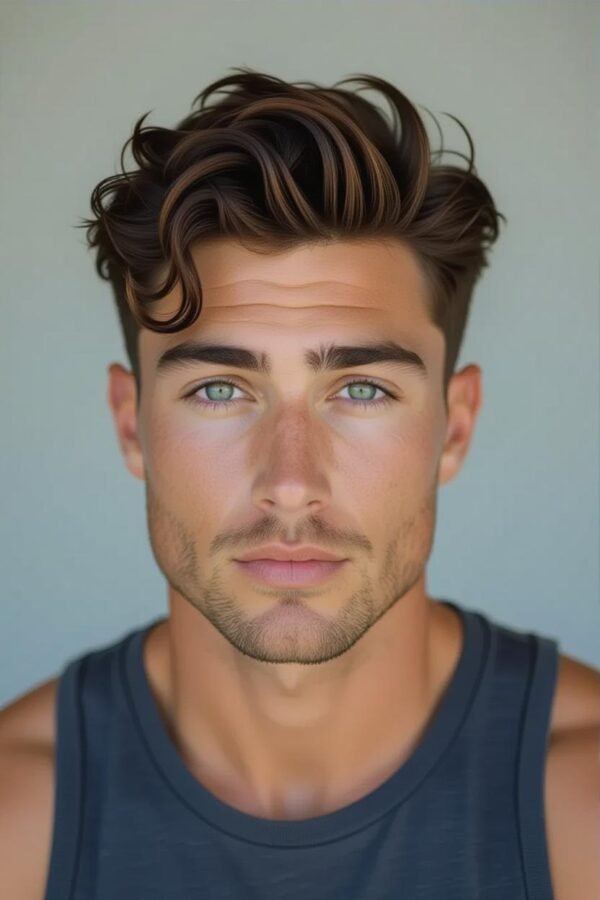 Wavy top low taper fade, beachy wavy hairstyle, textured casual look.