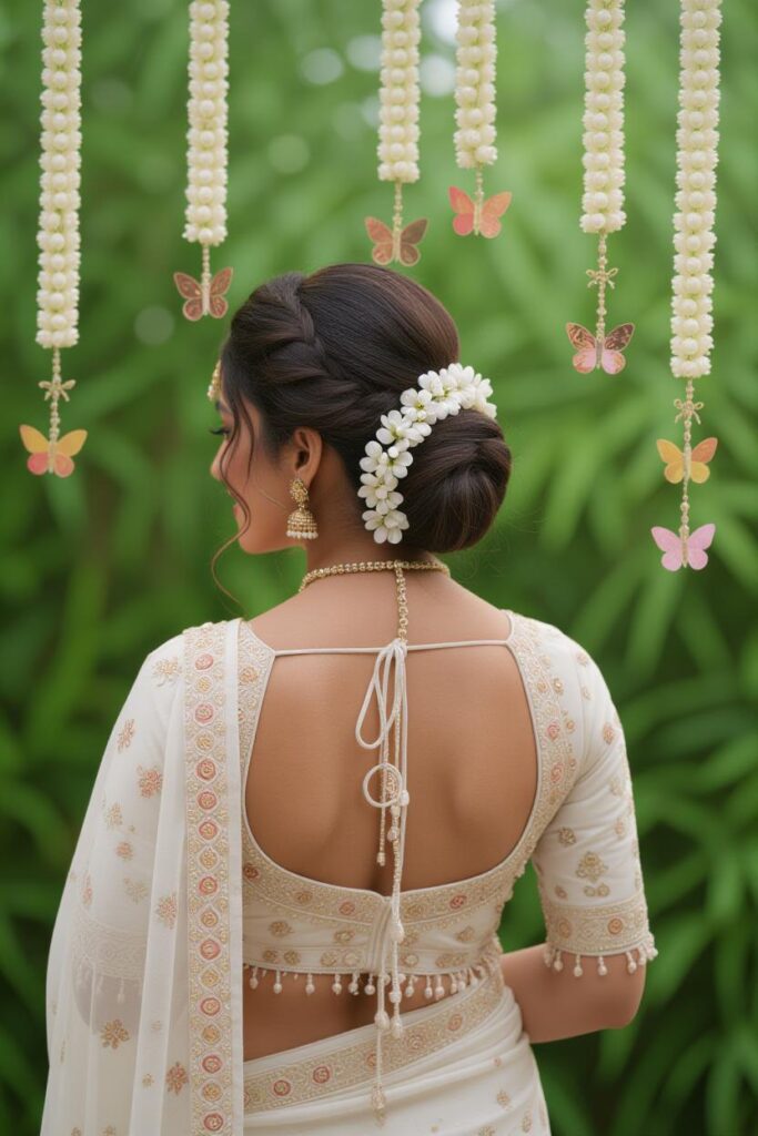 Bridal Hairstyles for Indian Weddings in 2025: Perfect Hair Styles on Lehenga, Saree & Gown Bejewelled Butterfly Gajra Twist