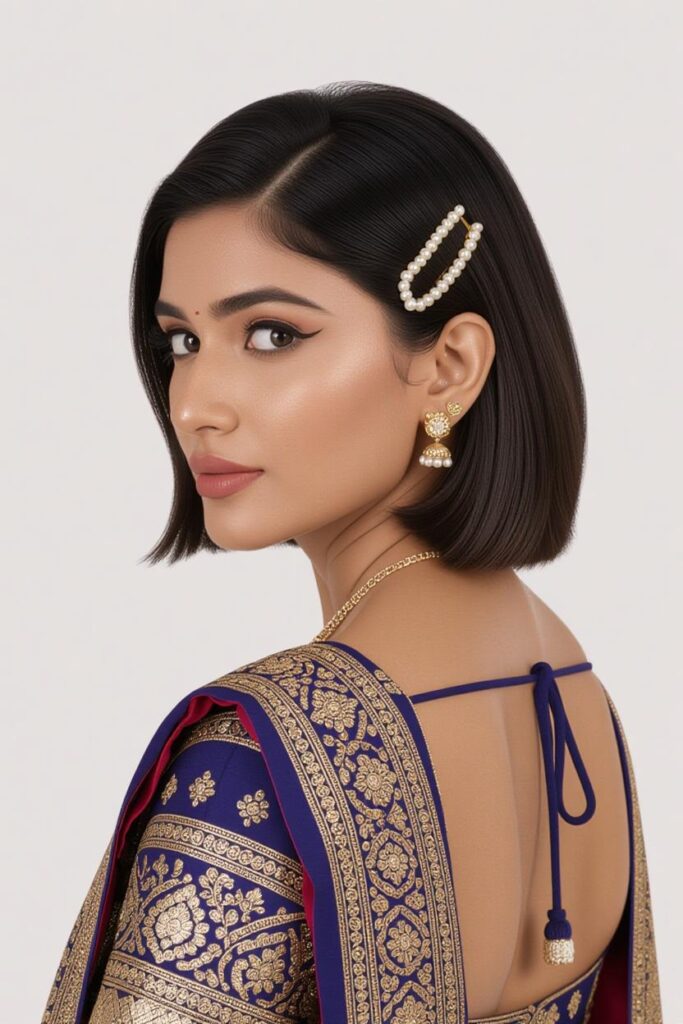 Bridal Hairstyles for Indian Weddings in 2025: Perfect Hair Styles on Lehenga, Saree & Gown Blunt Cut with Pearl Clip