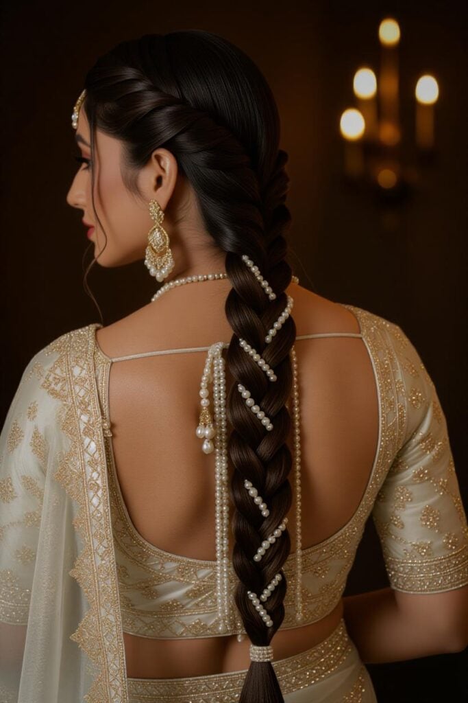 Bridal Hairstyles for Indian Weddings in 2025: Perfect Hair Styles on Lehenga, Saree & Gown Breathtaking Pearl Choti Braid