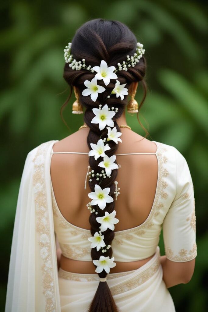 Bridal Hairstyles for Indian Weddings in 2025: Perfect Hair Styles on Lehenga, Saree & Gown Dreamy All-White Floral Long Choti