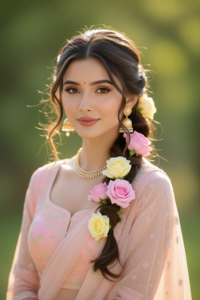 Bridal Hairstyles for Indian Weddings in 2025: Perfect Hair Styles on Lehenga, Saree & Gown Dual-Toned Rose Long Floral Bun
