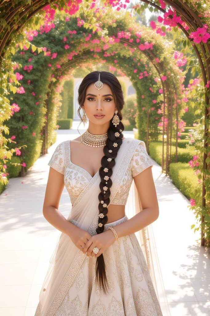 Bridal Hairstyles for Indian Weddings in 2025: Perfect Hair Styles on Lehenga, Saree & Gown Garden Bougainvillea Long Braid
