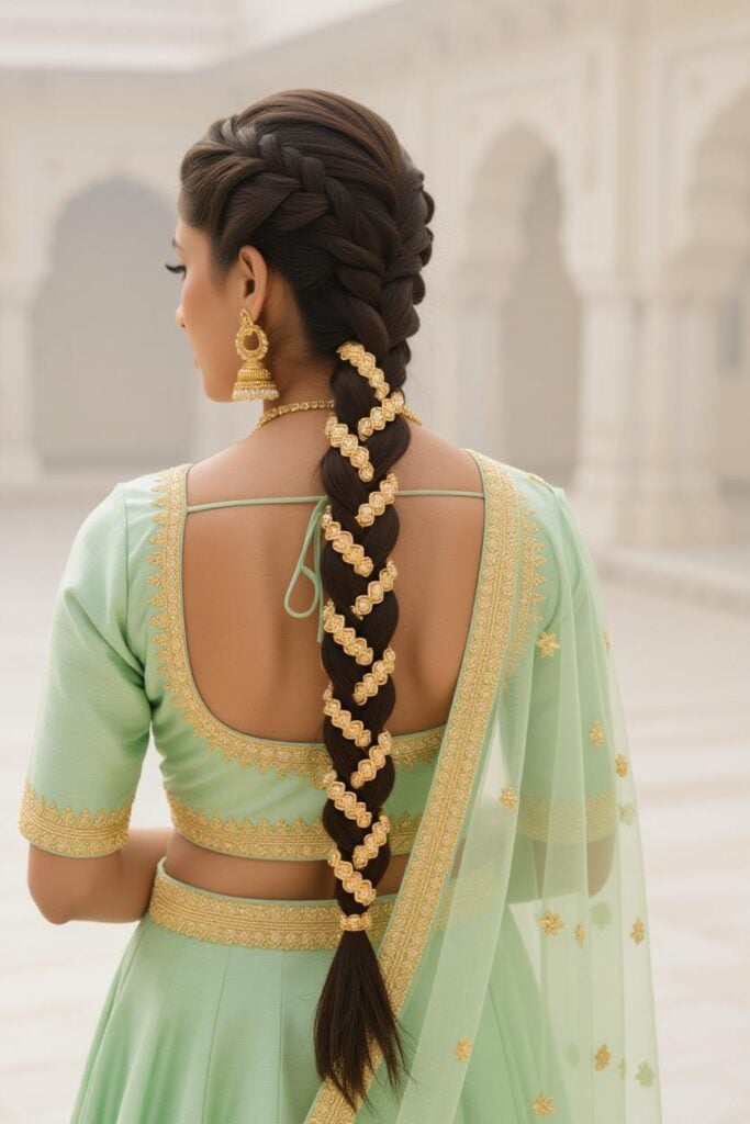Bridal Hairstyles for Indian Weddings in 2025: Perfect Hair Styles on Lehenga, Saree & Gown Gota Patti Long Ribbon Choti