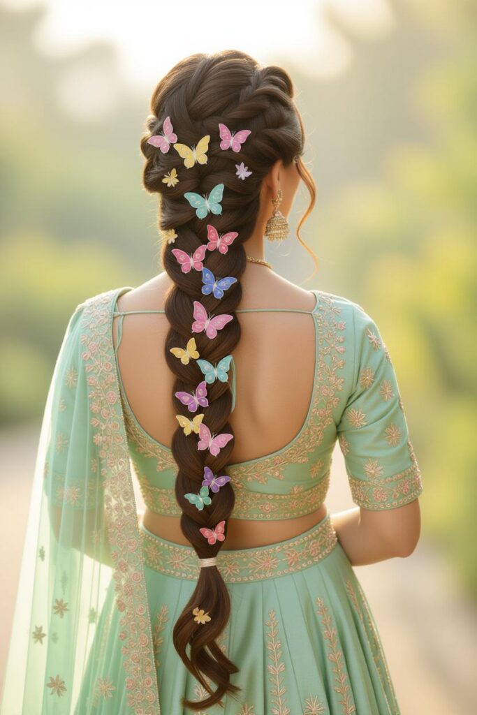 Bridal Hairstyles for Indian Weddings in 2025: Perfect Hair Styles on Lehenga, Saree & Gown Mermaid Thick Braid with Butterfly Gajra