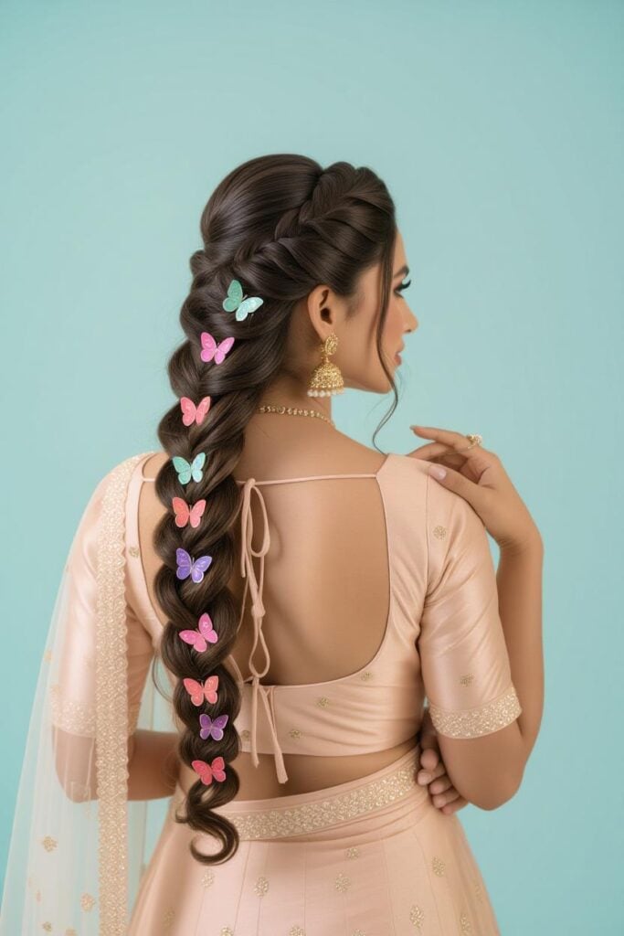 Bridal Hairstyles for Indian Weddings in 2025: Perfect Hair Styles on Lehenga, Saree & Gown Mermaid Thick Choti with Butterflies