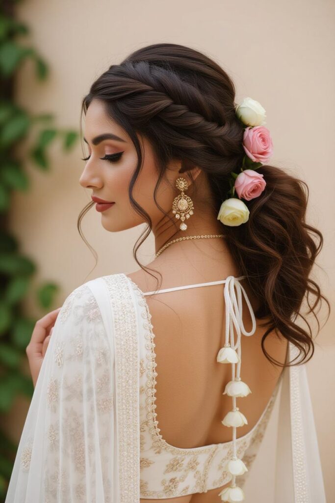 Bridal Hairstyles for Indian Weddings in 2025: Perfect Hair Styles on Lehenga, Saree & Gown One-Sided Floral Twisty Choti