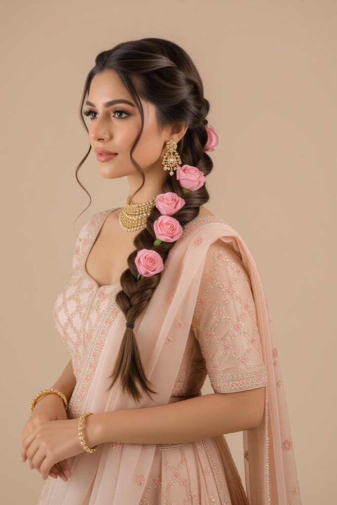 Bridal Hairstyles for Indian Weddings in 2025: Perfect Hair Styles on Lehenga, Saree & Gown One-Sided Rose Twisty Long Braid
