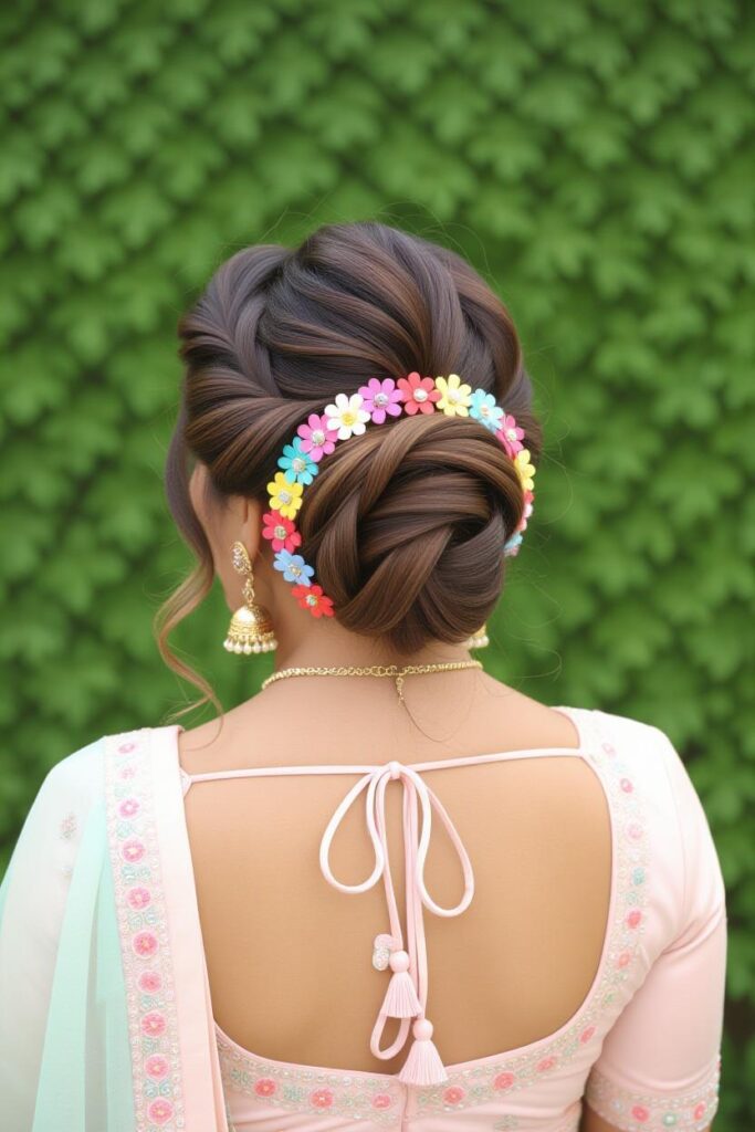 Bridal Hairstyles for Indian Weddings in 2025: Perfect Hair Styles on Lehenga, Saree & Gown Pastel Floral Fun Twist Bun