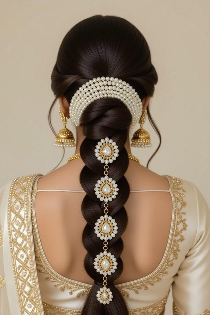 Bridal Hairstyles for Indian Weddings in 2025: Perfect Hair Styles on Lehenga, Saree & Gown Pearlcore Long Pearl Choti
