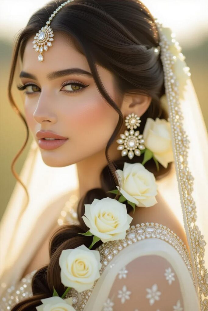 Bridal Hairstyles for Indian Weddings in 2025: Perfect Hair Styles on Lehenga, Saree & Gown Pristine White Rose Long Choti