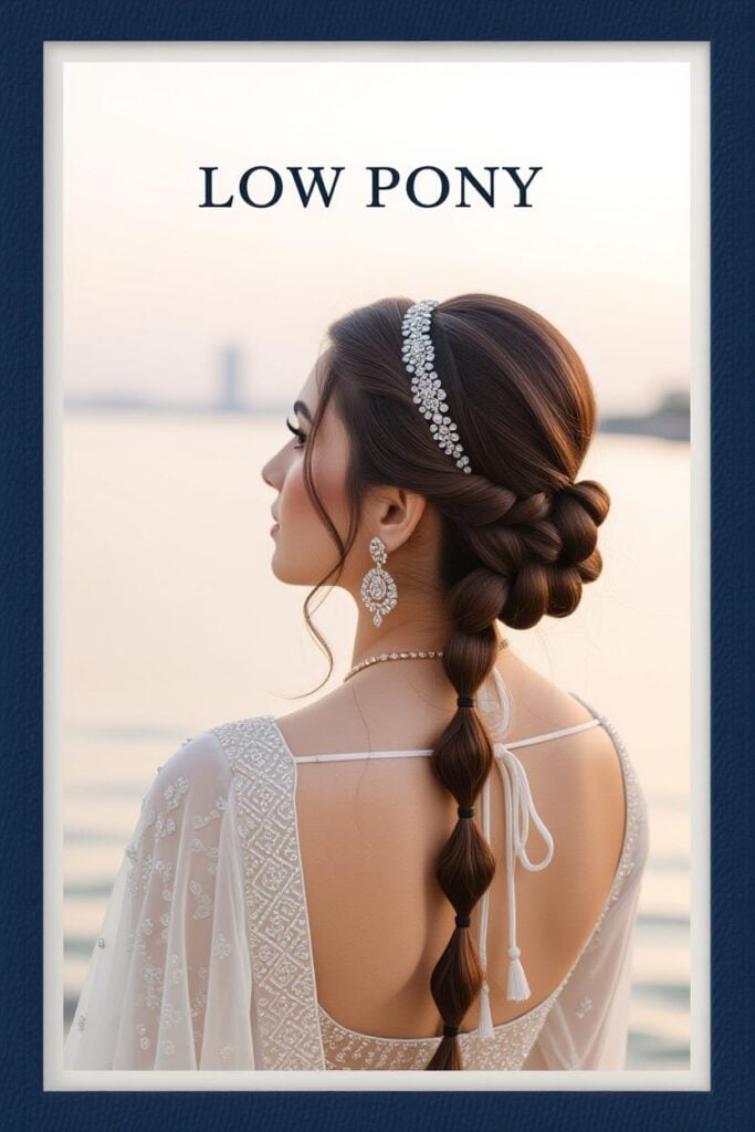 Bridal Hairstyles for Indian Weddings in 2025: Perfect Hair Styles on Lehenga, Saree & Gown Sparkling Headband Low Choti Pony