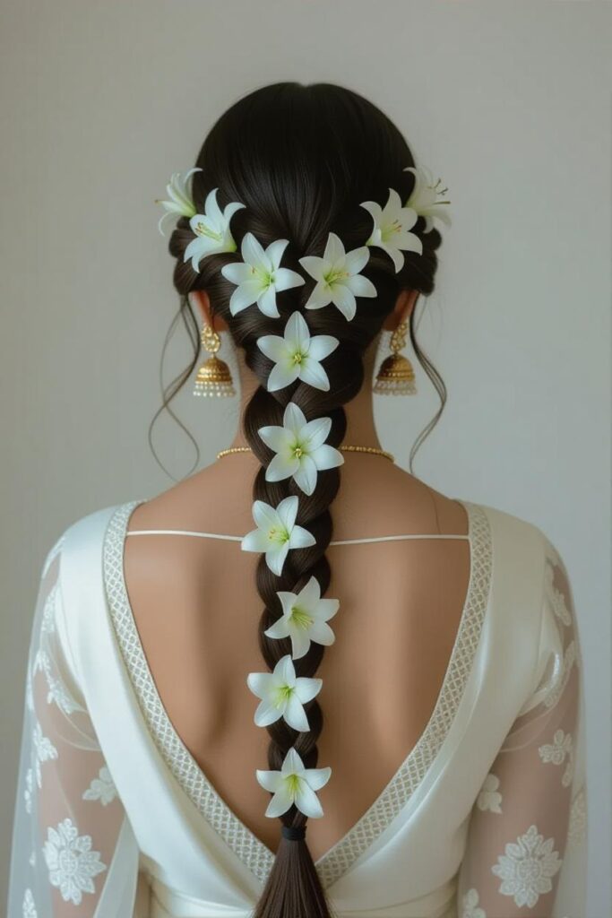 Bridal Hairstyles for Indian Weddings in 2025: Perfect Hair Styles on Lehenga, Saree & Gown White Floral Choti Braid
