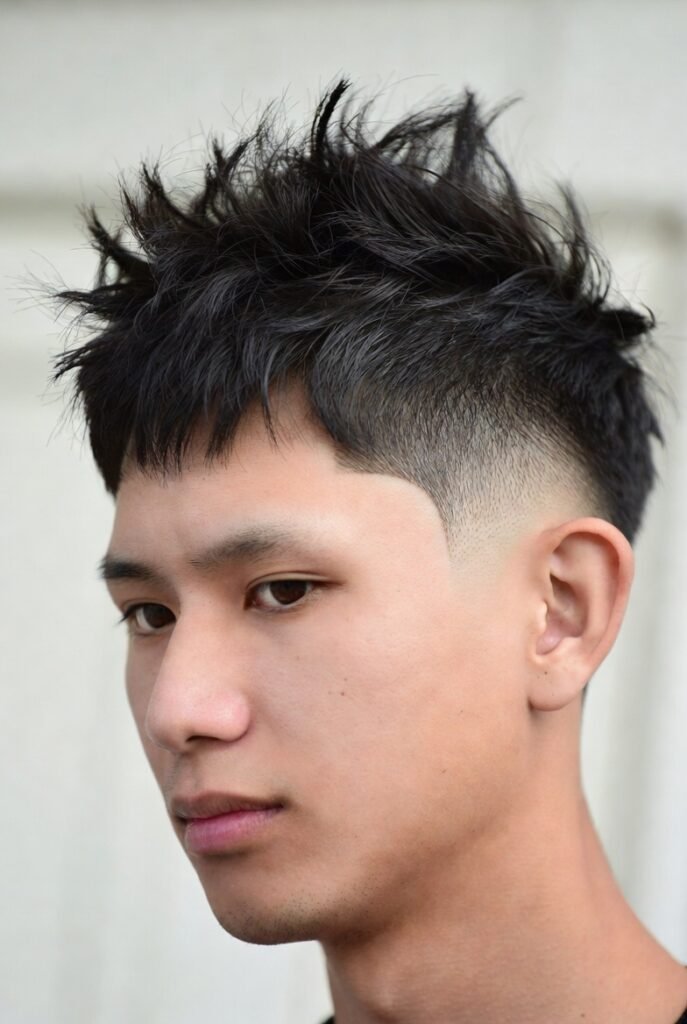 Burst-fade crew cut for men – curved ear fade, heart flowy style.