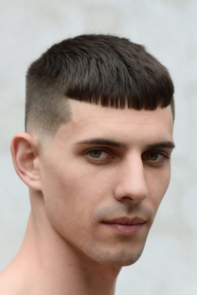 Caesar buzz cut for men – forward-fringe softening classic