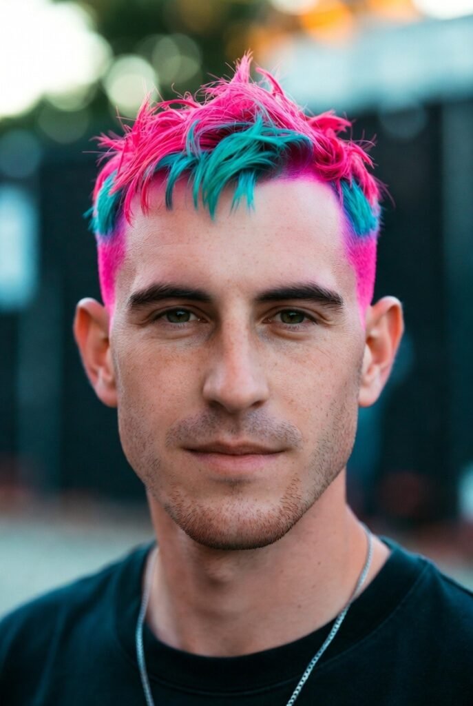 Colored crew cut for men 2025 – #4 vibrant dye, round fest pop.