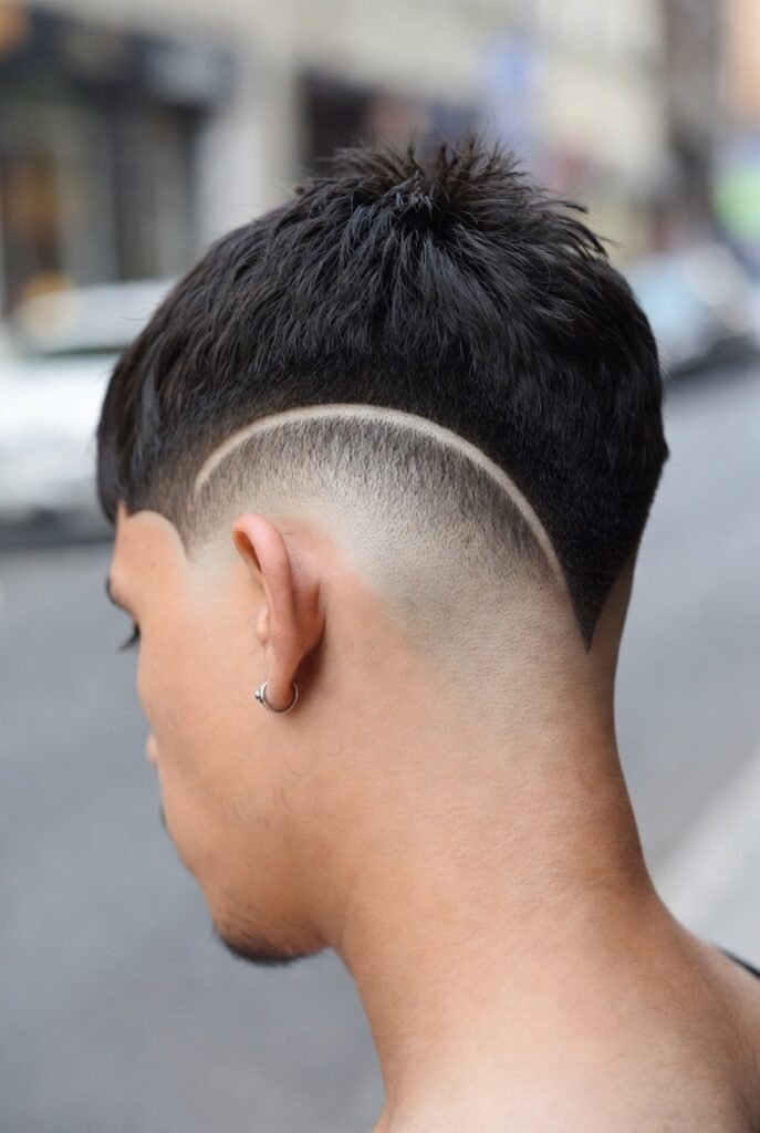 Drop-fade crew cut for men 2025 – low arc #4 top, oval street edge.