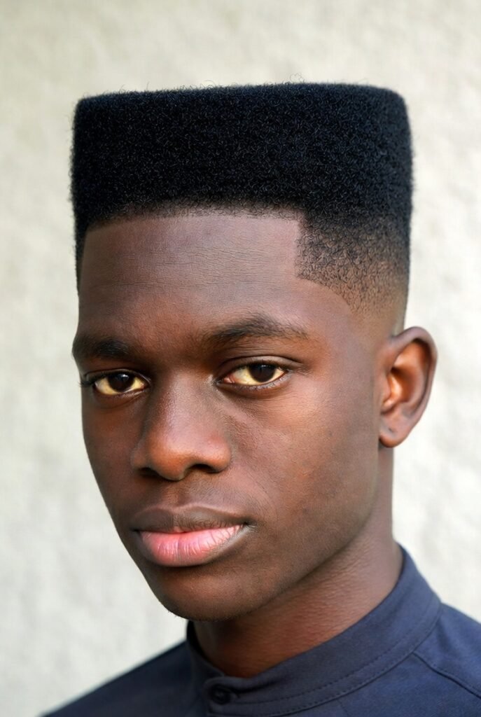 Retro flat crew cut for men – boxed #3 top taper, oval height illusion.