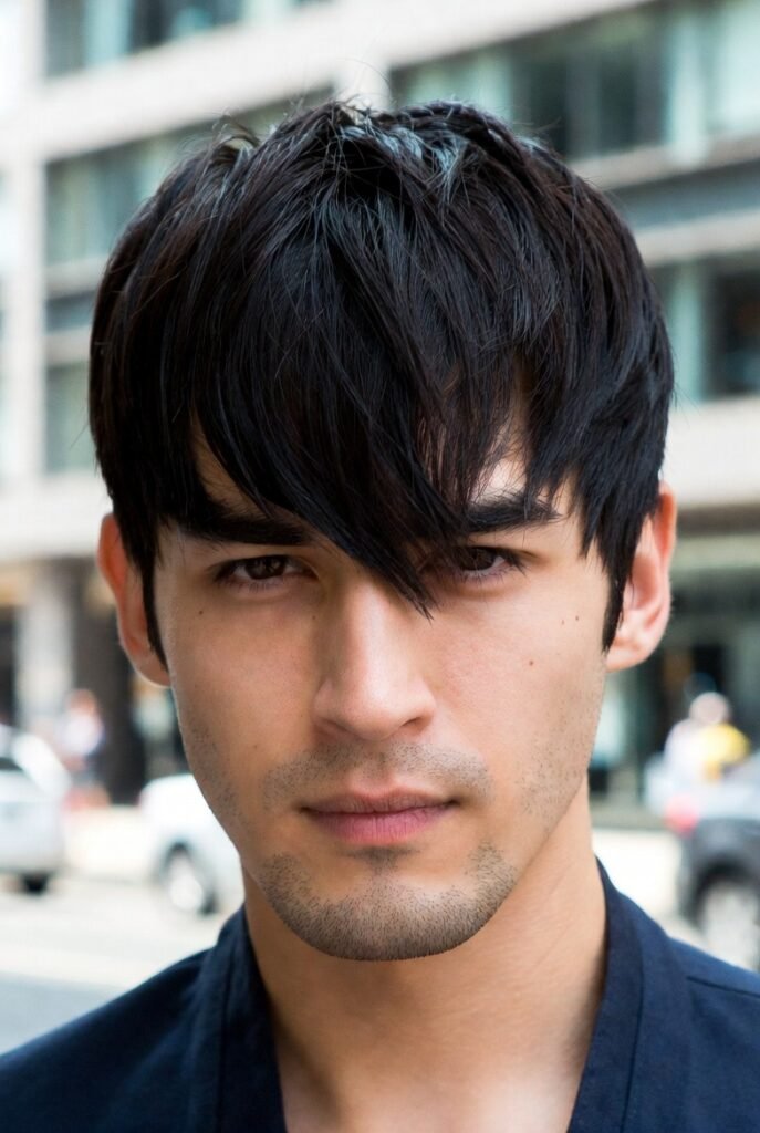 Forward crew cut for men – #4 swept fringe, square face softening taper.