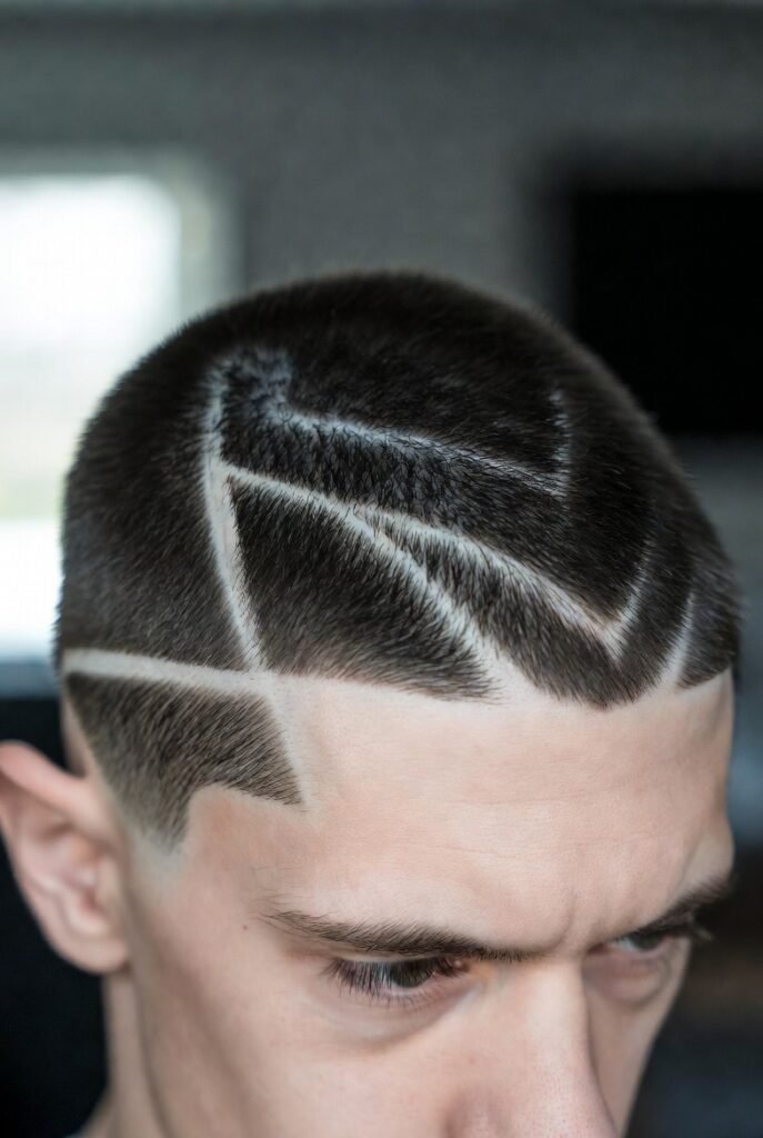 Geometric crew cut for men – #3 angular lines, diamond cyber etch.