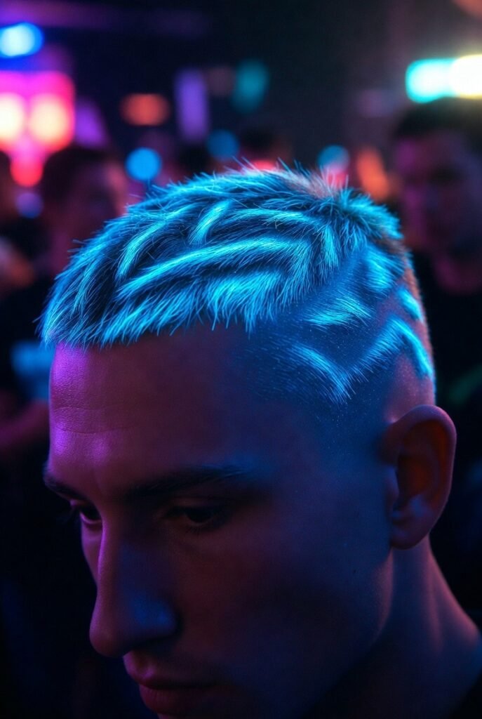 LED-inspired buzz cut for men 2025 – glow-under-UV nightlife experimental