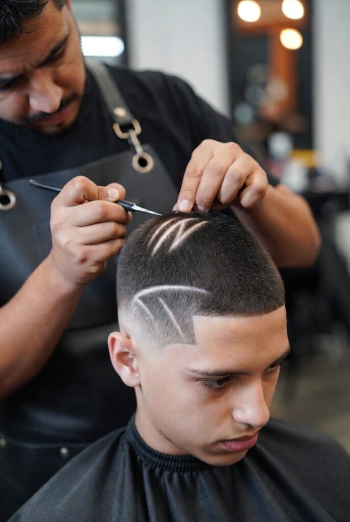 Line-detail crew cut for men 2025 – etched #3 parts, diamond custom.