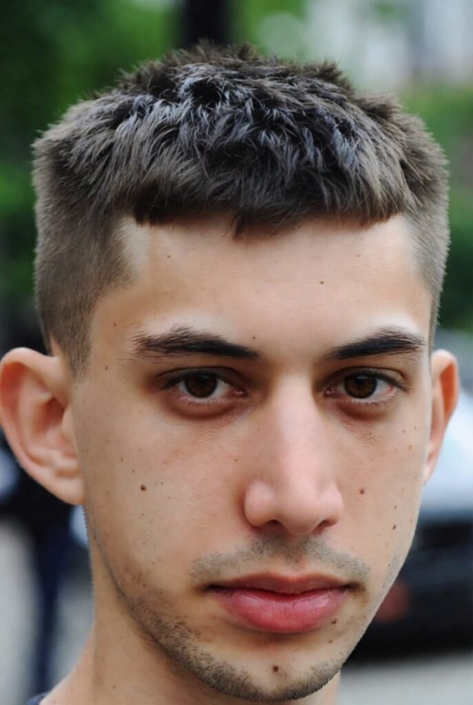 Matte crew cut for men – #4 dry finish, heart natural hold.