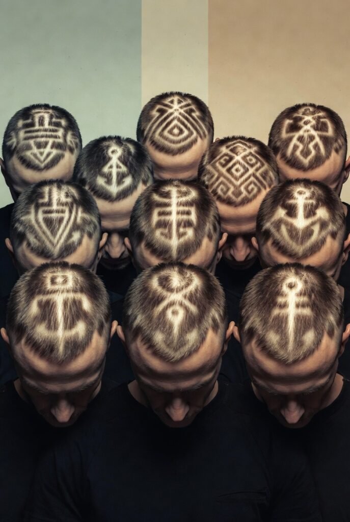 Patterned crew cut for men 2025 – #3-4 symbol fade, oval story scroll.