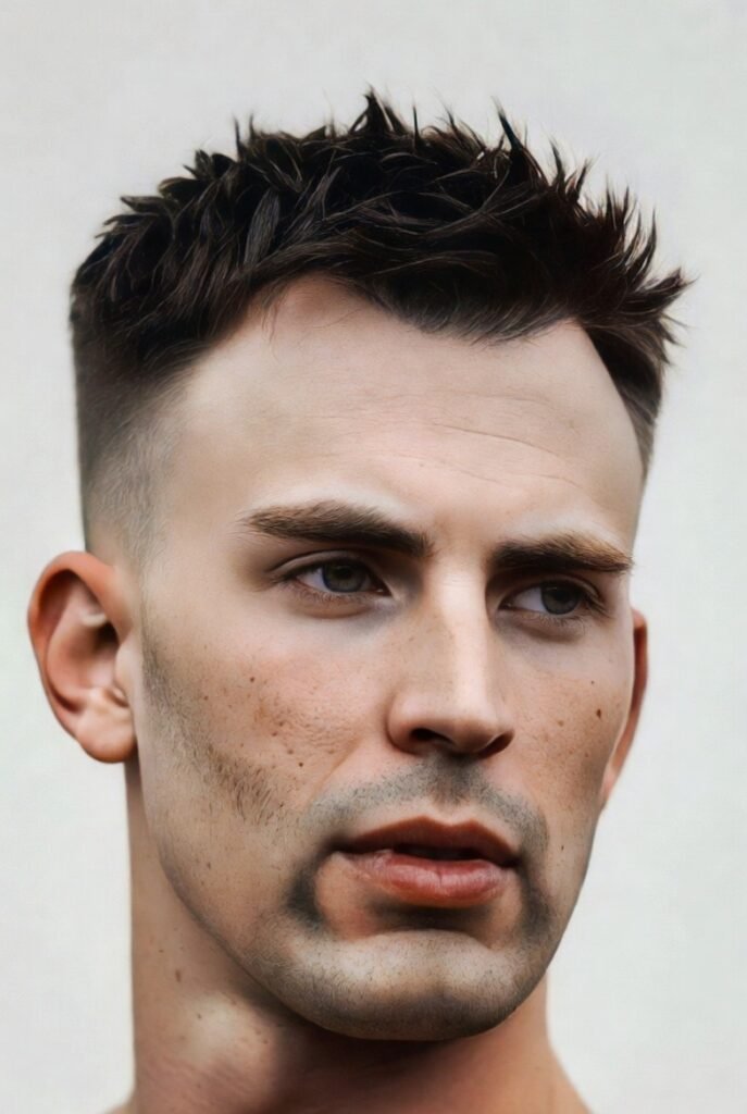 Round-rescue crew cut for men – high #3 fade, cheek elongating lift.