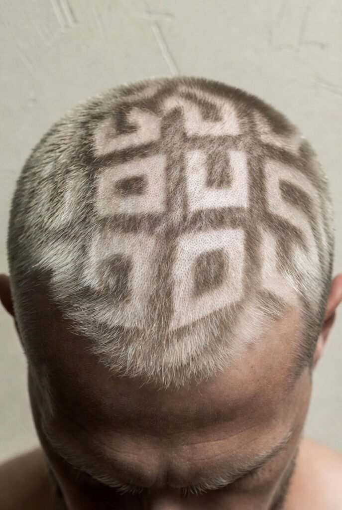 Sculpted buzz cut for men 2025 – 3D art gallery-worthy experimental"