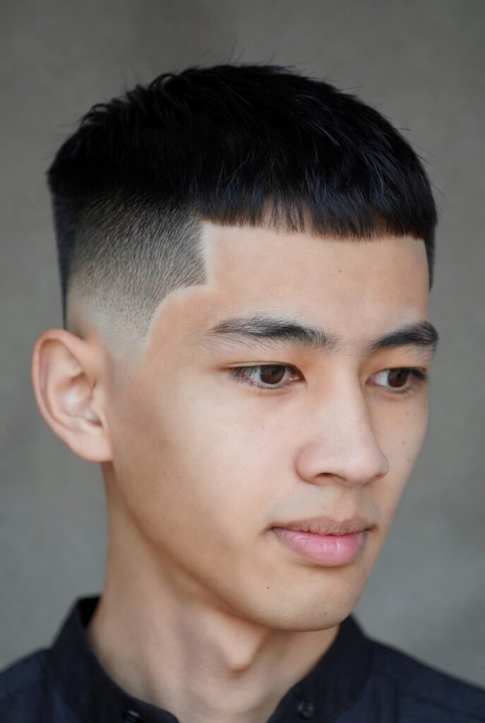 Shadow-fade crew cut for men – #3-2 subtle gradient, rectangular stealth.