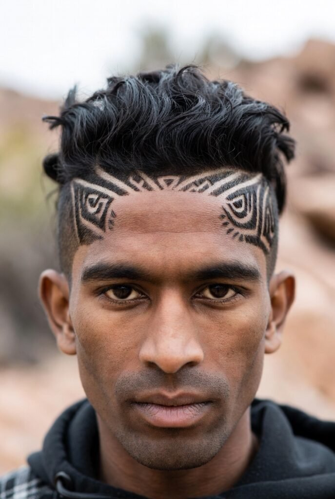 Temple-design crew cut for men – #3 etched temples, heart intricate web.